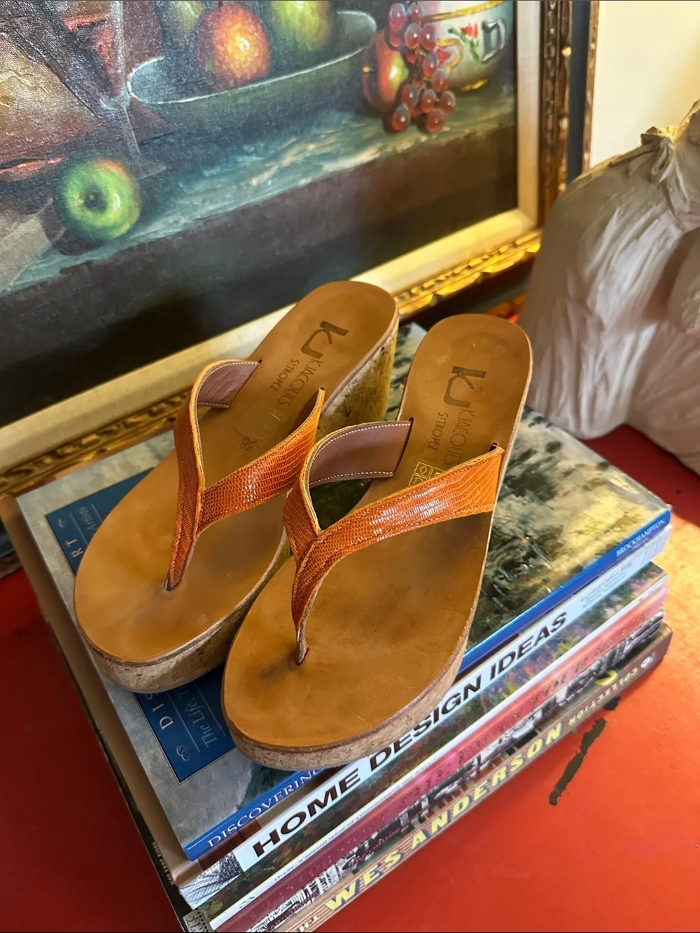K.Jacques Orange Snake Cork Wedge Thong Sandals